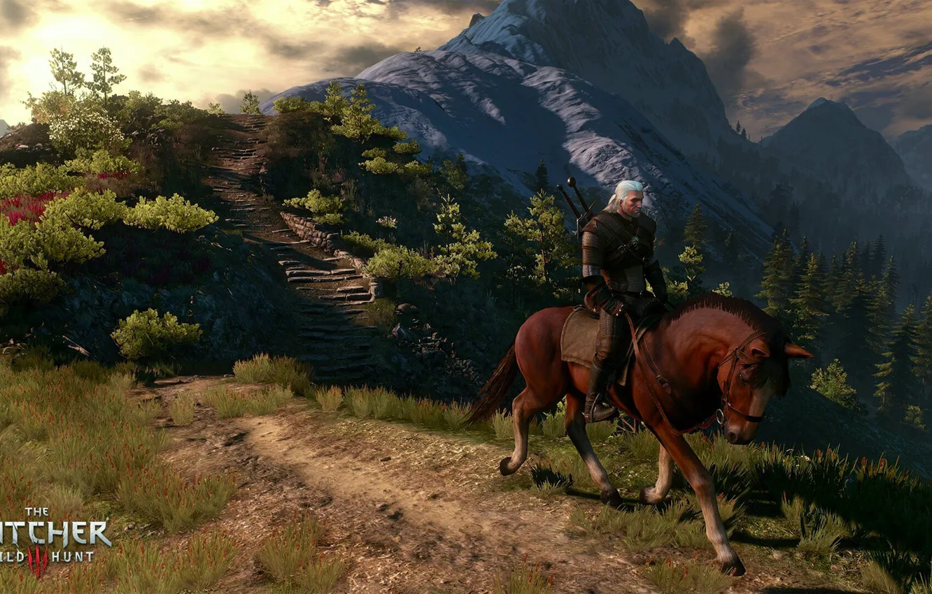 Photo wallpaper trees, mountains, The Wild Hunt, The Witcher, rpg, Geralt, CD Projekt RED, The Witcher 3