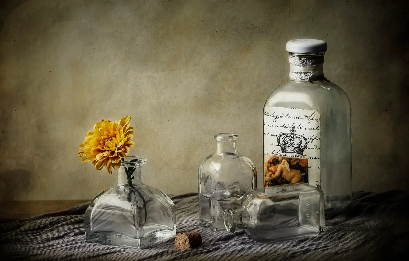 Photo wallpaper flower, glass, bottle, dishes, tube, still life