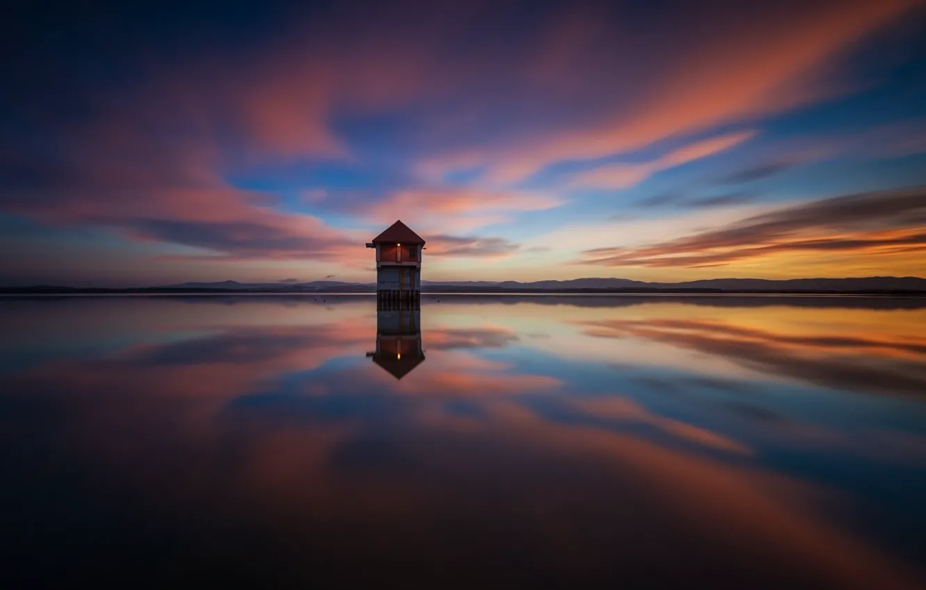 Photo wallpaper the sky, clouds, light, sunset, lake, reflection, the evening, house