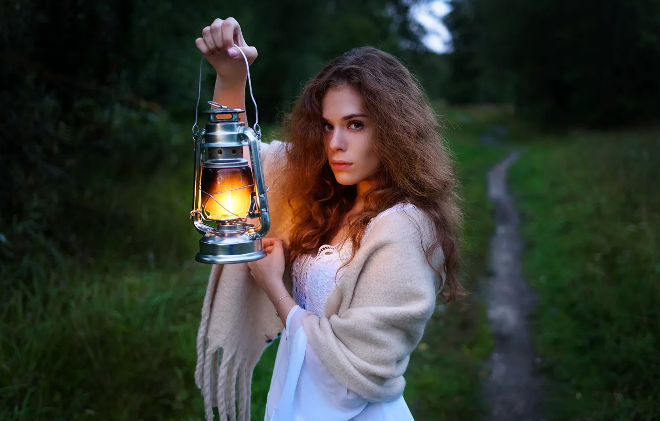 Photo wallpaper grass, look, trees, pose, model, lamp, portrait, the evening
