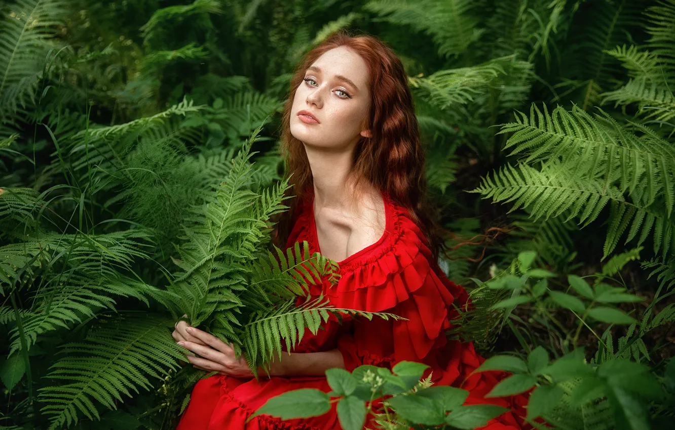 Photo wallpaper girl, nature, thickets, dress, red, fern, Anastasia Barmina, Anastasia Barmina