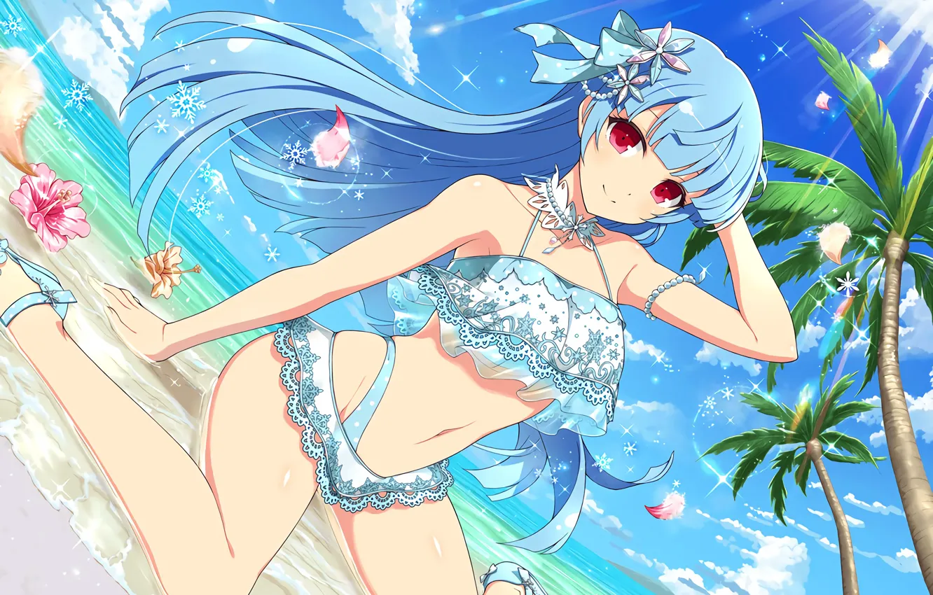 Photo wallpaper girl, sexy, cleavage, beach, long hair, sea, boobs, anime