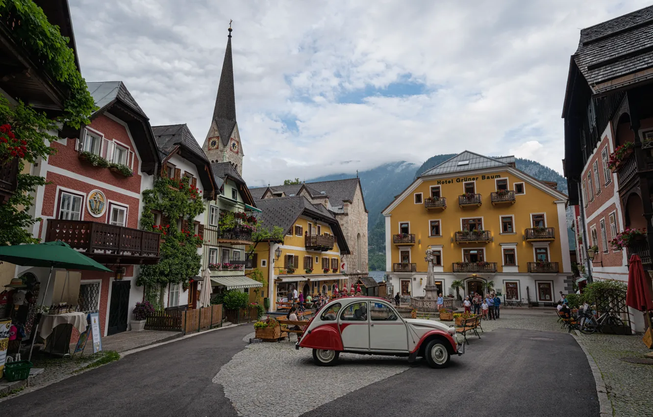 Photo wallpaper clouds, the city, home, Austria, area, Church, car, Hallstatt