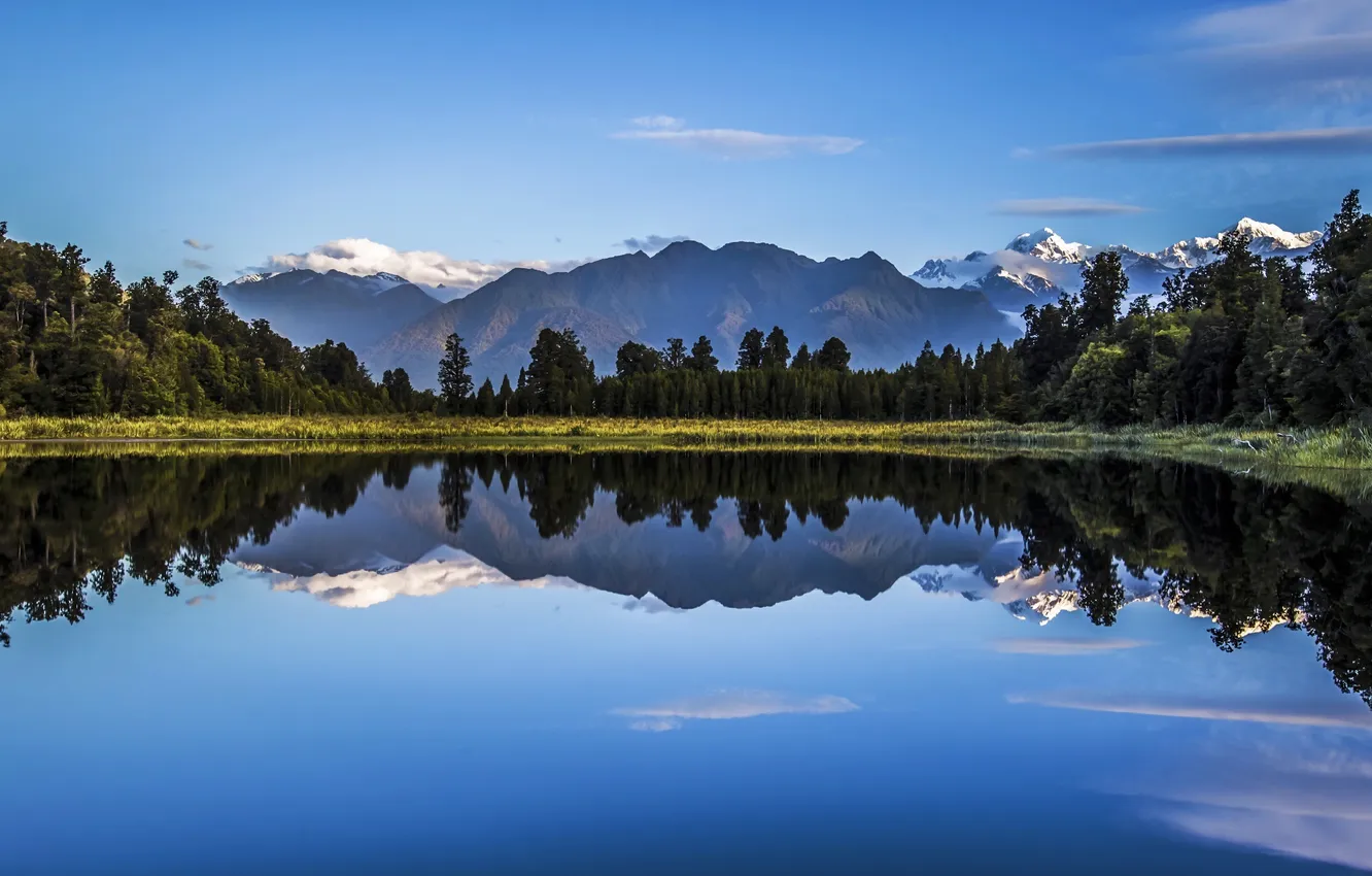 Photo wallpaper the sky, clouds, trees, mountains, lake, reflection, mirror