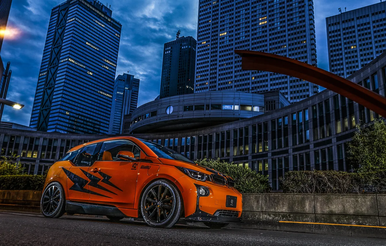 Photo wallpaper city, BMW, tuning, night, orange, Side, BMW i3, 3D Design