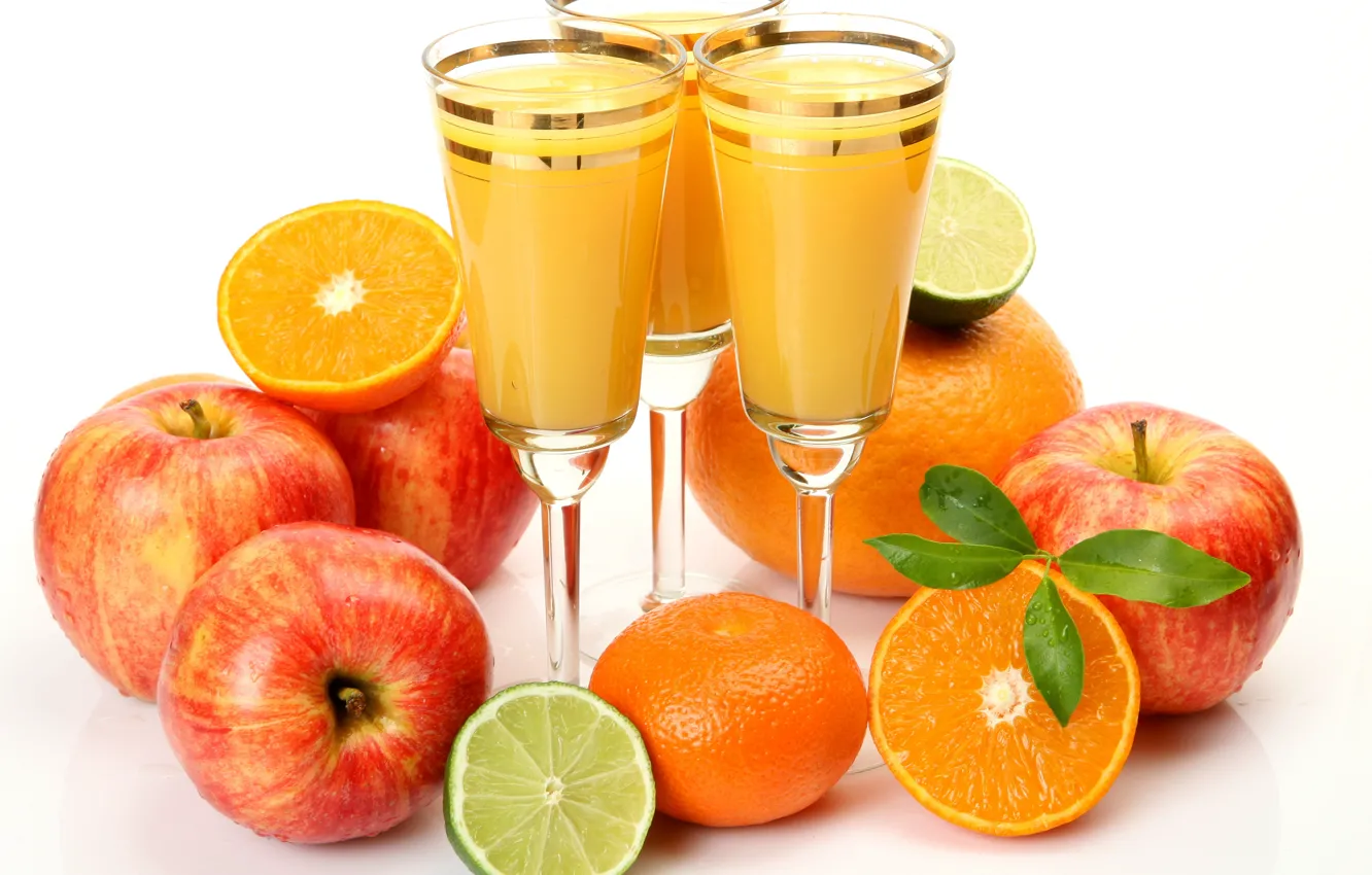 Photo wallpaper leaves, apples, oranges, glasses, juice, lime, fruit