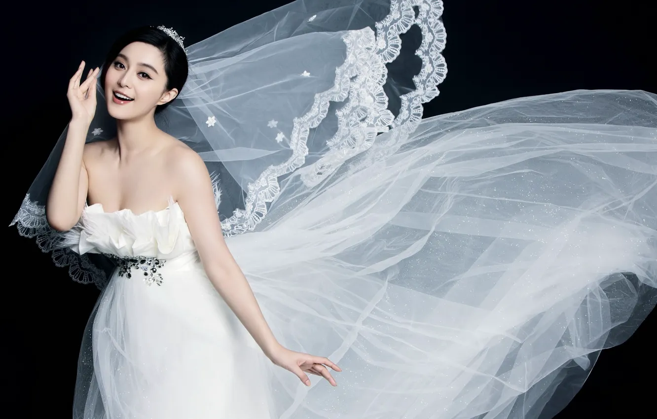 Photo wallpaper white, girl, happiness, smile, Asian, wedding dress
