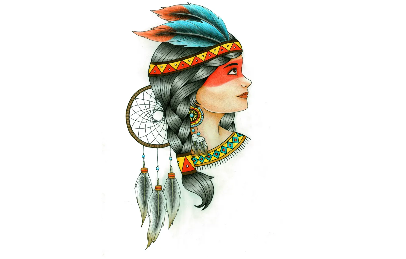 Photo wallpaper girl, feathers, Indian, indian, Dreamcatcher, Dreamcatcher