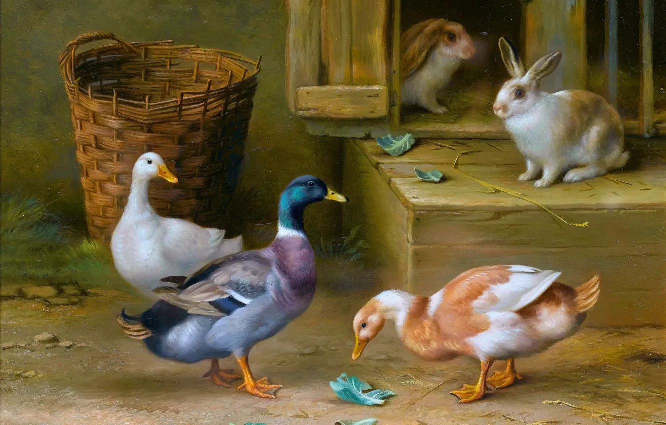 Photo wallpaper duck, picture, rabbit, Edgar Hunt, Edgar Hunt, Ducks and rabbits in the barnyard, British animal …