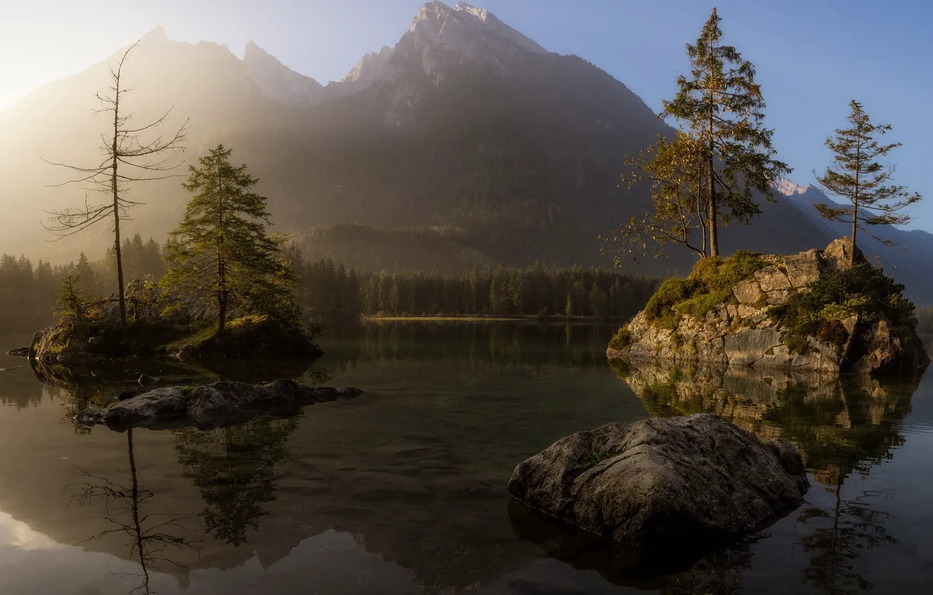 Photo wallpaper forest, mountains, shore, pond