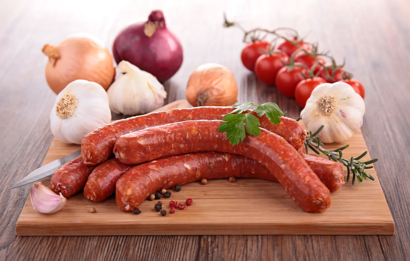 Photo wallpaper Tomatoes, Sausage, Onion, Garlic, Meat products