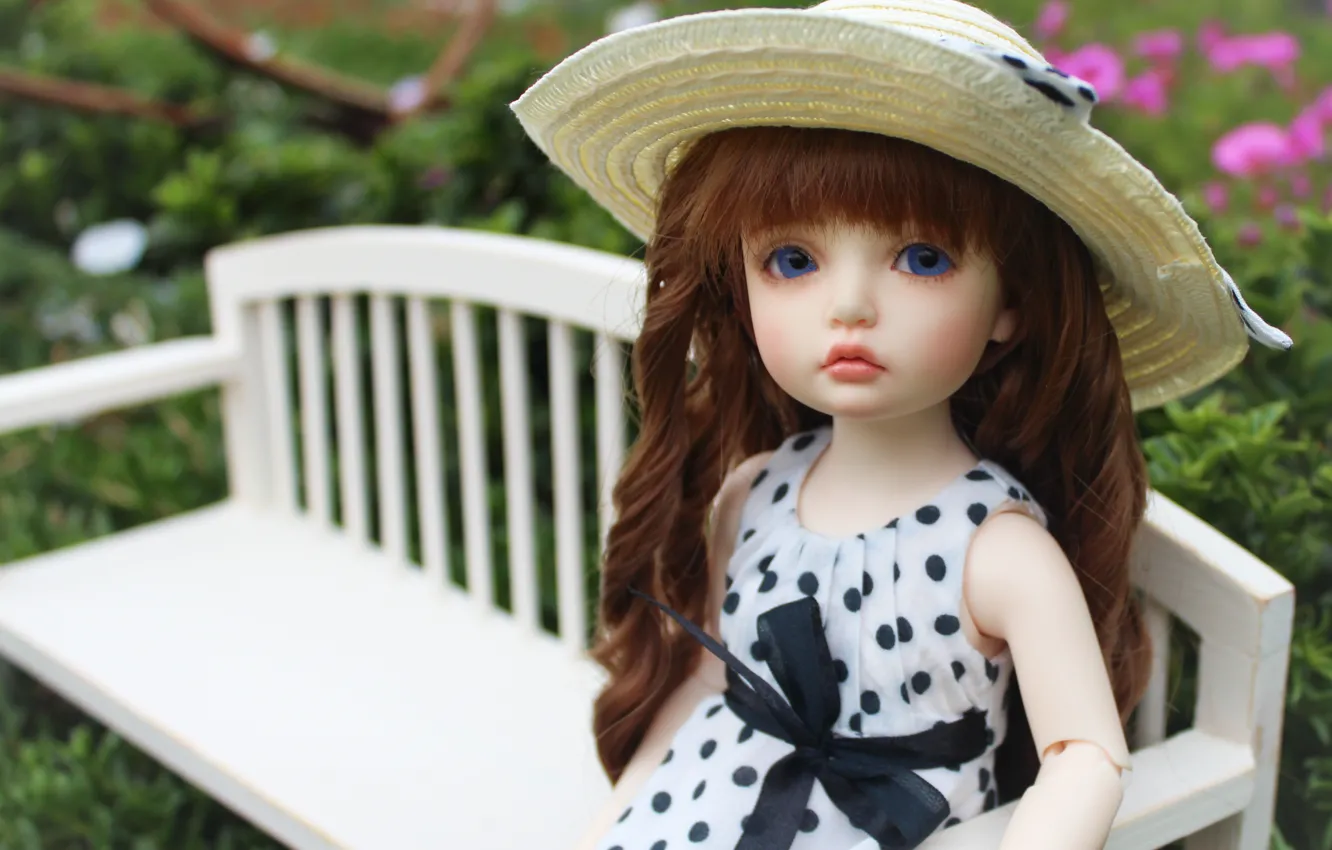 Photo wallpaper flowers, hair, doll, polka dot, shop, hat, bow, blue eyes