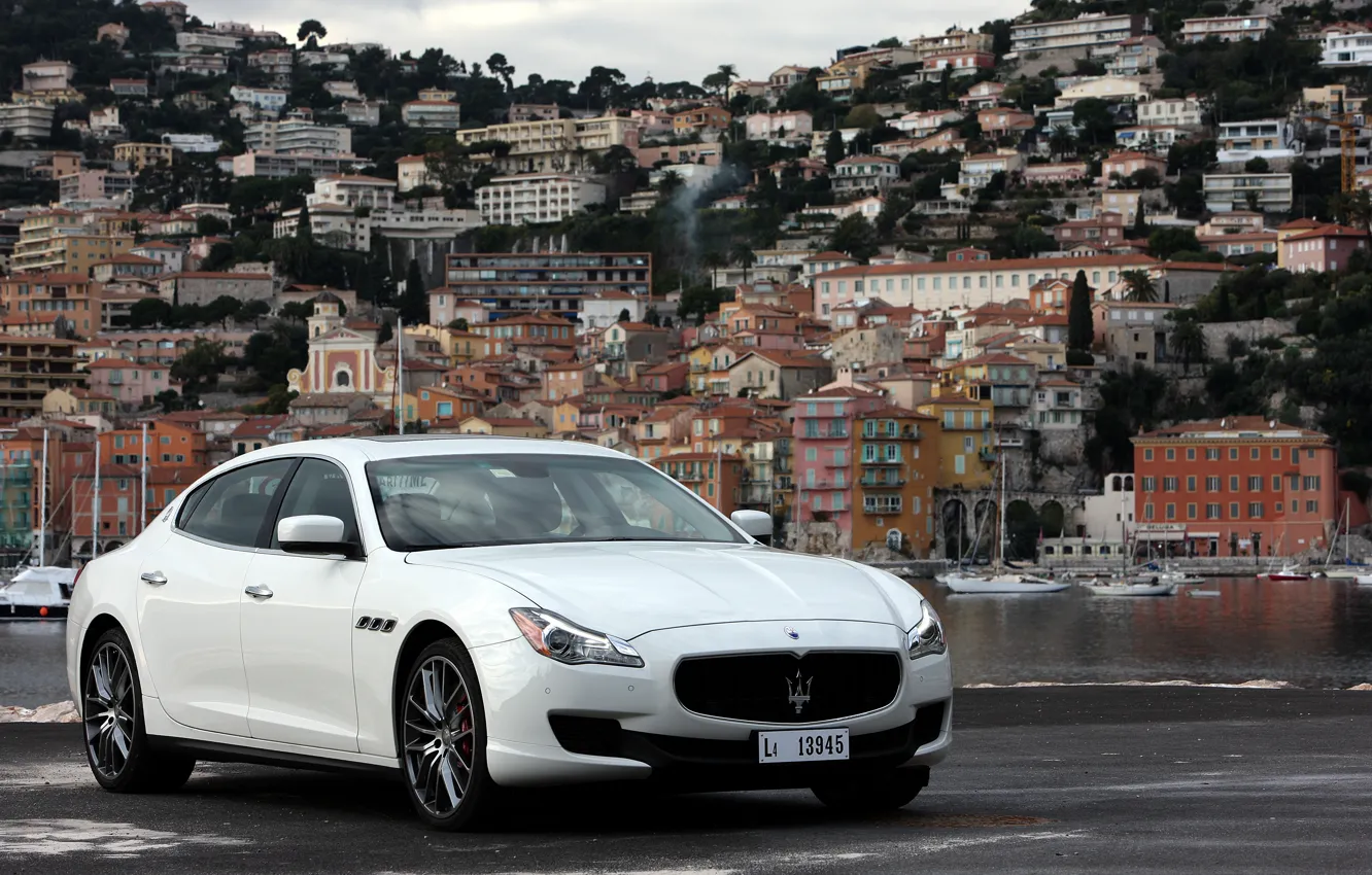 Photo wallpaper Maserati, Quattroporte, Water, The city, White, Logo, Background
