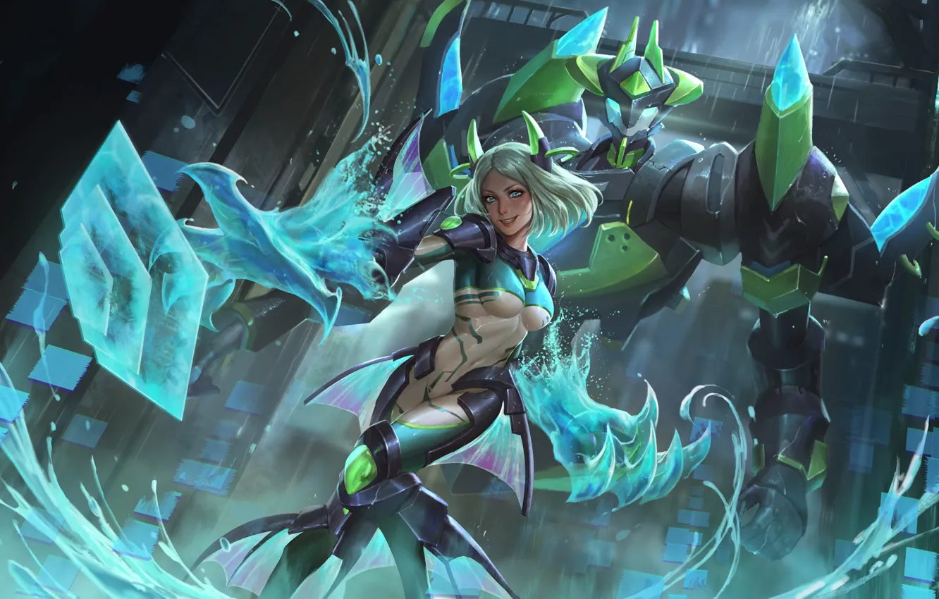 Photo wallpaper chest, water, girl, magic, robot, hon, mecha, art