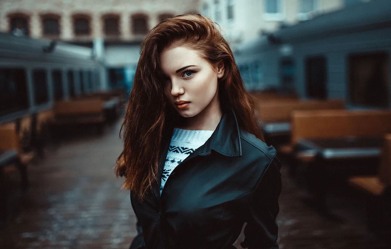 Photo wallpaper girl, black, portrait, makeup, jacket, hairstyle, brown hair, bokeh