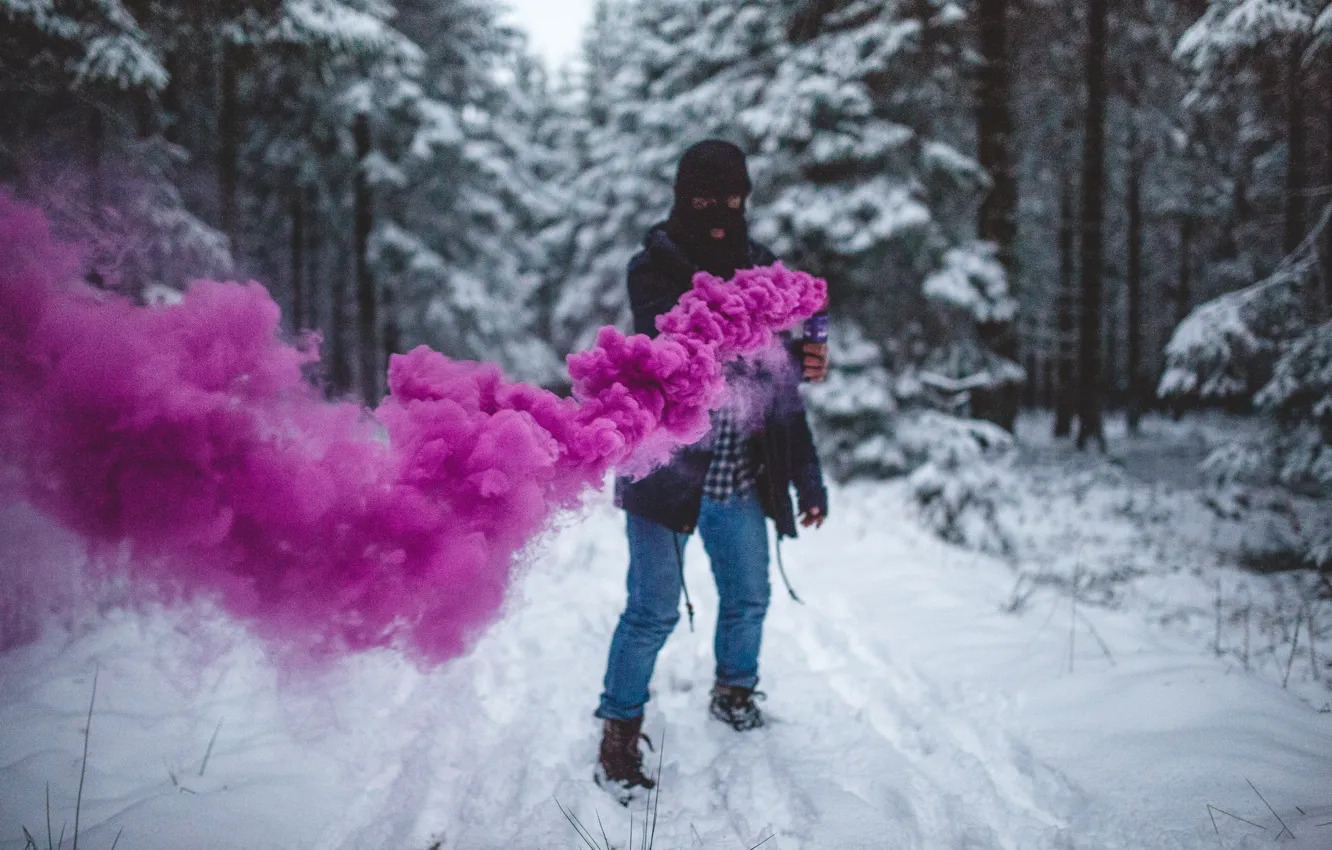 Photo wallpaper winter, road, forest, snow, trees, smoke, male