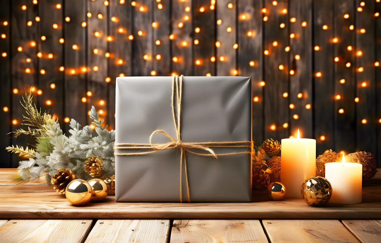 Photo wallpaper balls, light, branches, lights, holiday, box, gift, Board