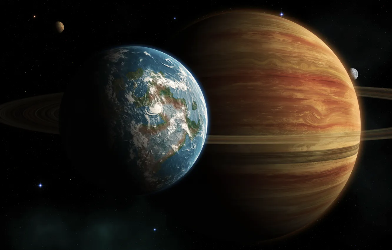 Photo wallpaper stars, nebula, ring, continents, Jupiter, small planet, Earth