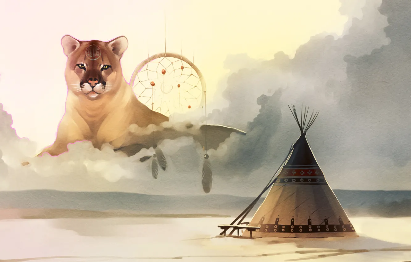 Photo wallpaper clouds, art, wigwam, Puma