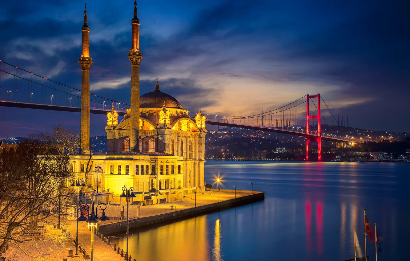 Photo wallpaper night, bridge, lights, Strait, mosque, Istanbul, Turkey, the minaret