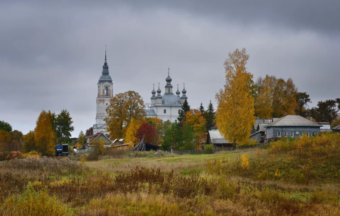 Photo wallpaper autumn, village, Church, temple, house, Russia