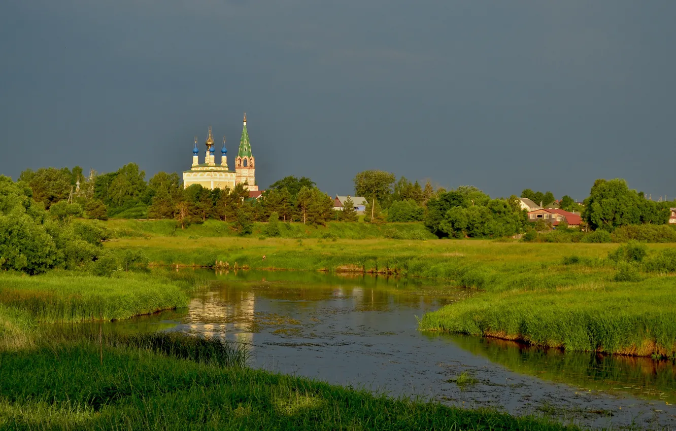 Photo wallpaper greens, summer, the sky, grass, trees, lake, pond, river