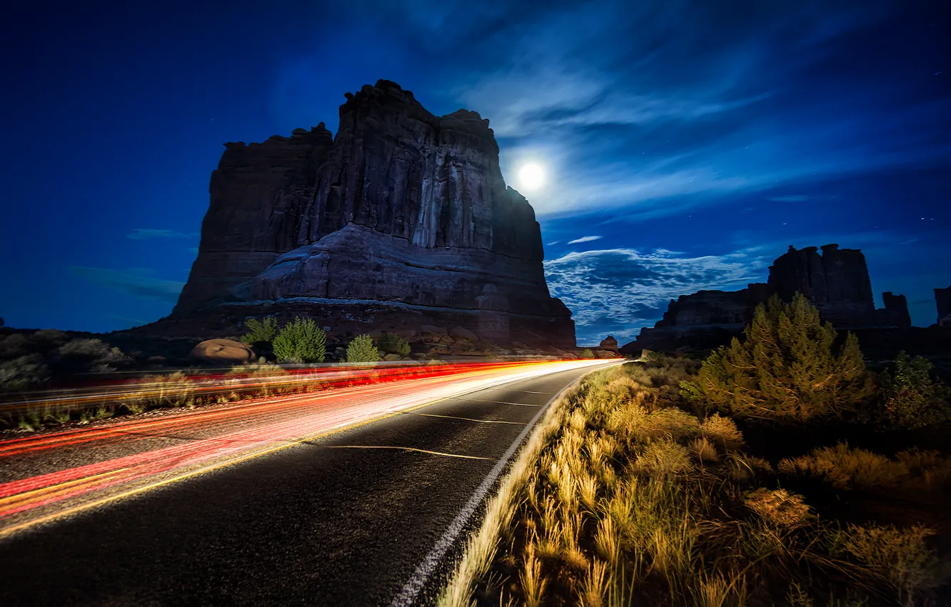 Photo wallpaper road, night, rocks, arch, Utah, USA, USA, rock
