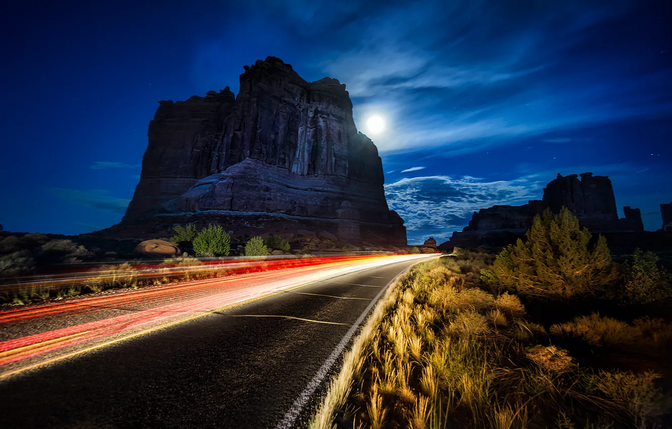 Photo wallpaper road, night, rock, rock, arch, road, USA, night