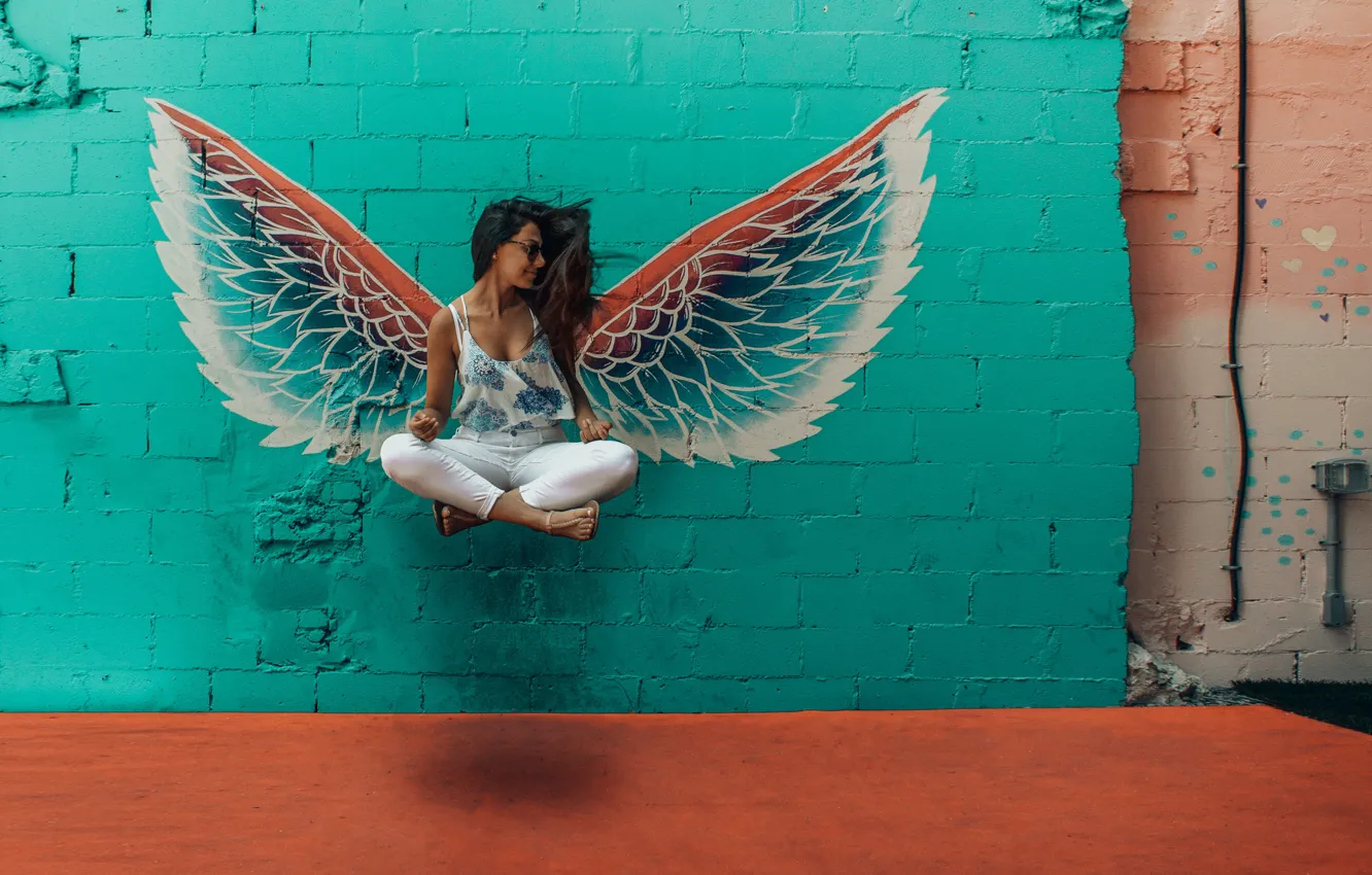 Photo wallpaper flight, smile, wall, figure, wings, positive, wall, smile