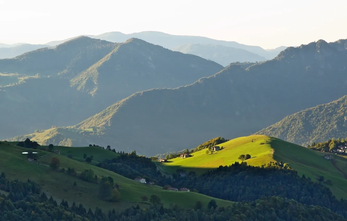 Photo wallpaper field, forest, the sun, light, mountains, hills, home, shadow