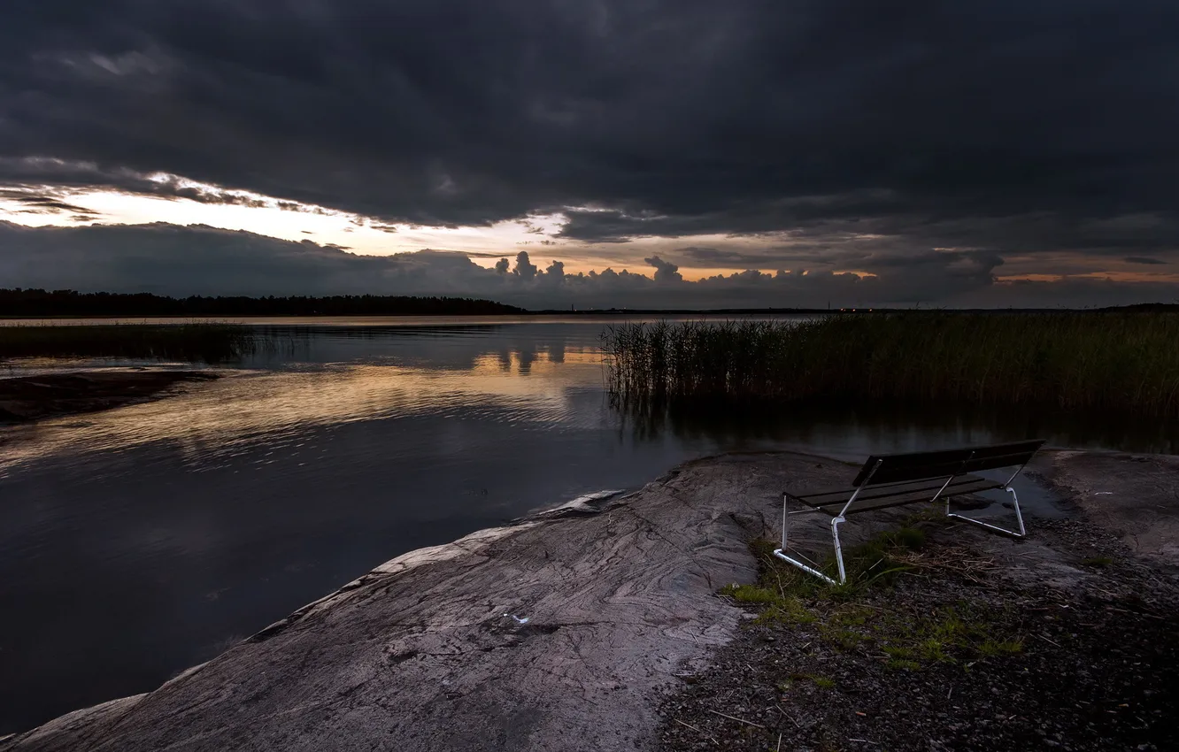 Photo wallpaper night, lake, bench