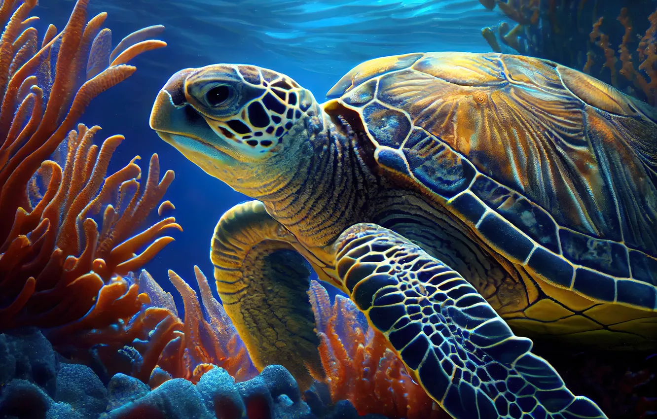 Photo wallpaper face, turtle, corals, underwater world, side, digital art, AI art, The Art of Artificial Intelligence
