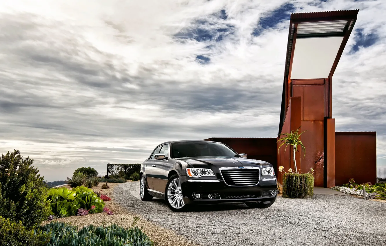 Photo wallpaper The sky, Auto, Black, Chrysler, Machine, The building, Sedan, 300