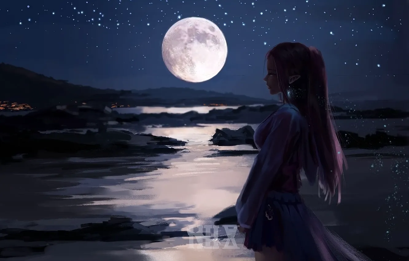 Photo wallpaper girl, night, the moon