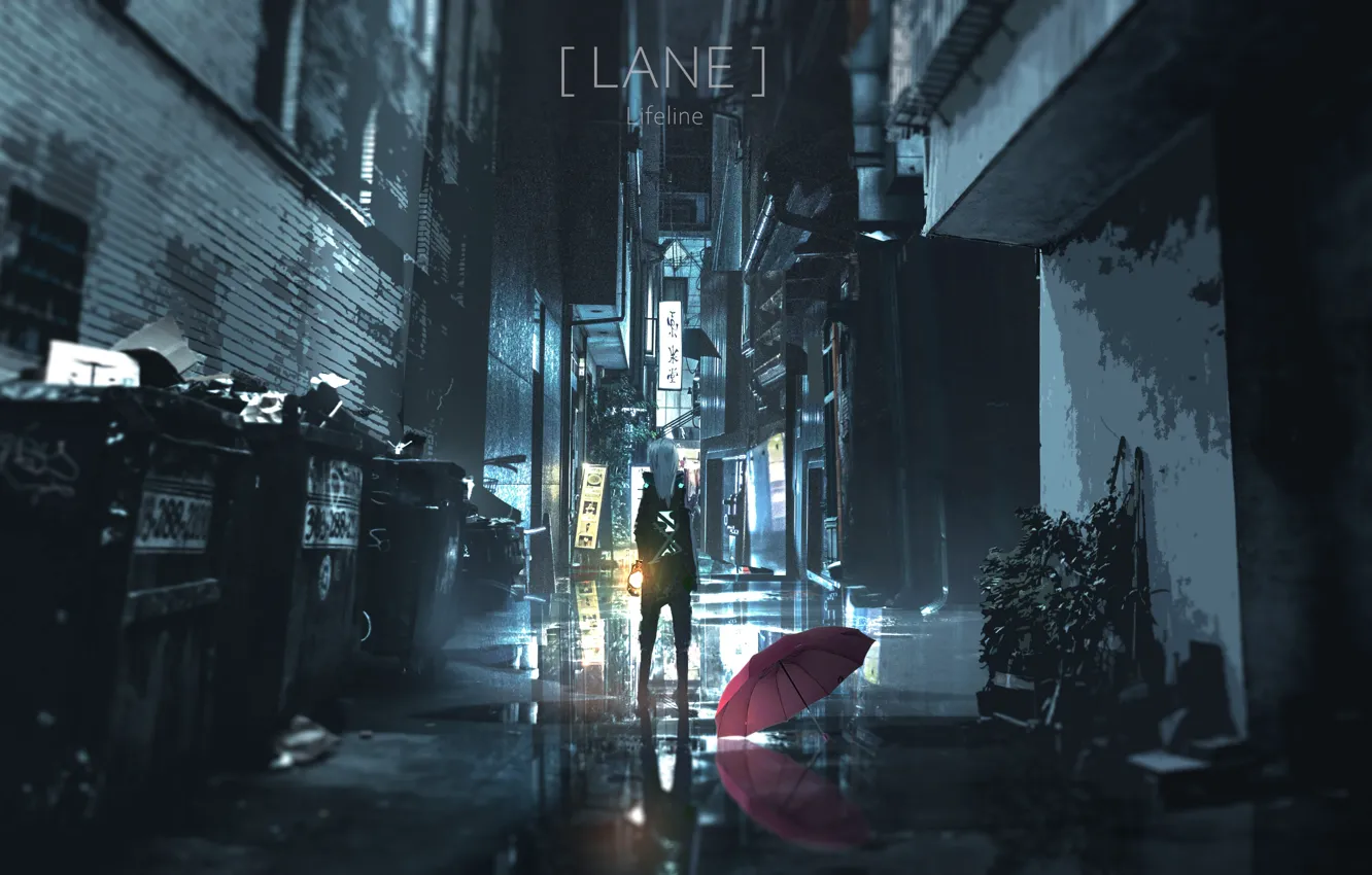 Photo wallpaper girl, night, umbrella, lane