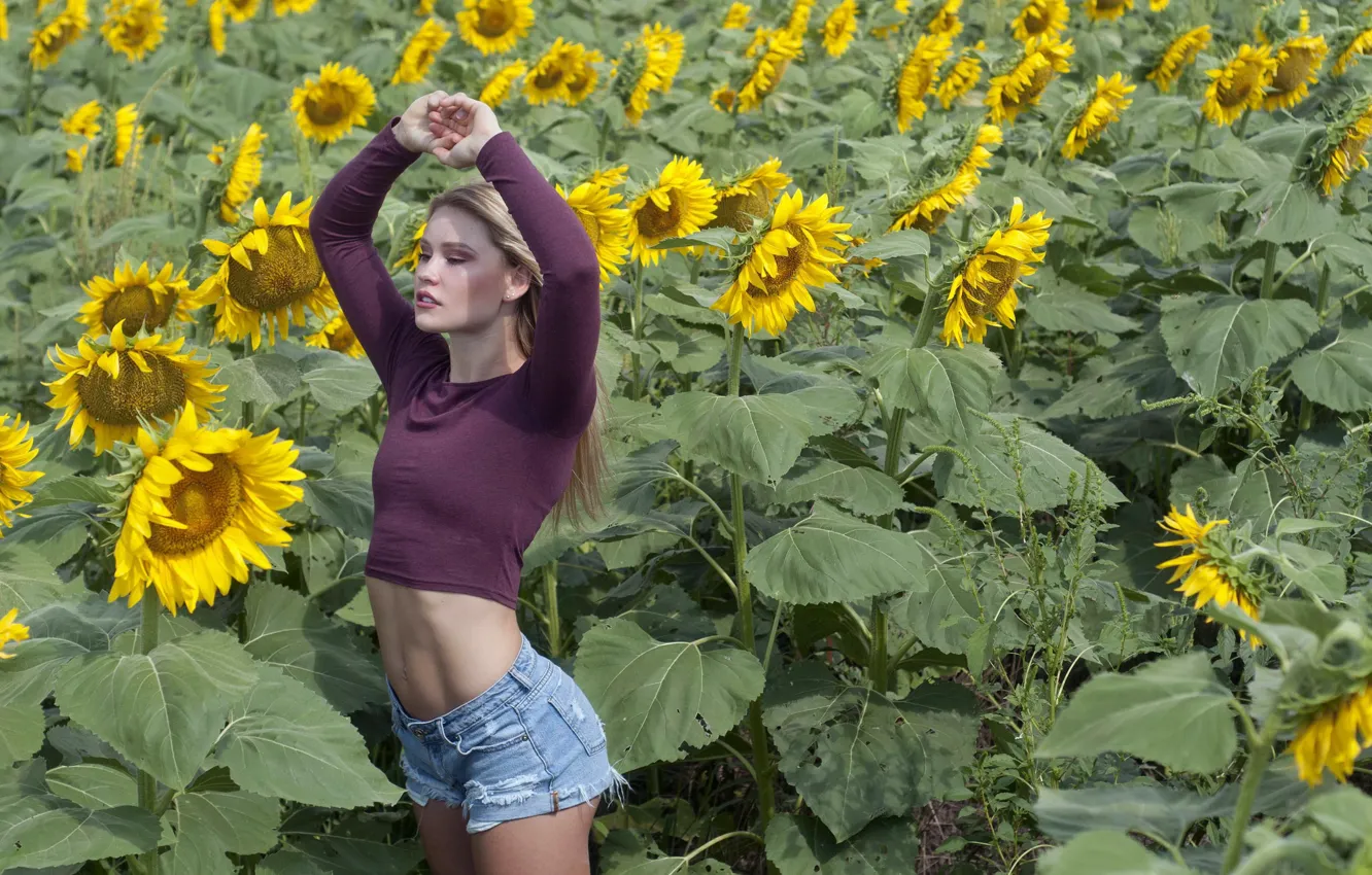 Photo wallpaper summer, girl, sunflowers, nature