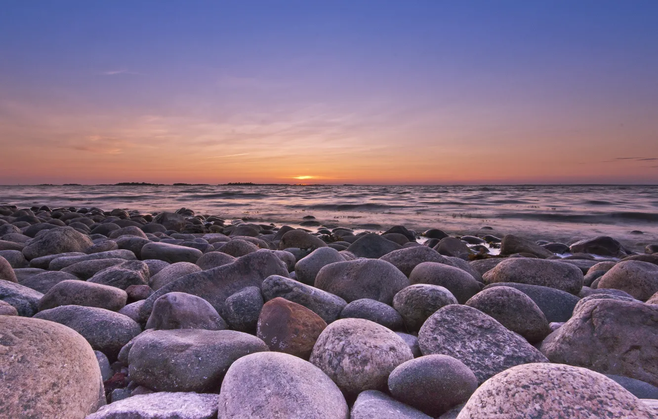Photo wallpaper sea, sunset, stones, coast, Finland, Finland, Hanko