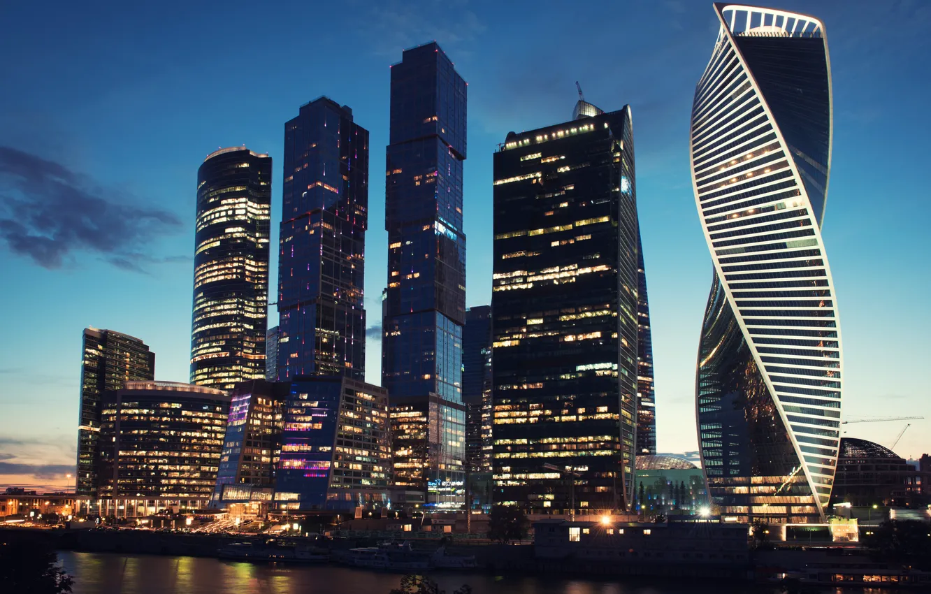 Photo wallpaper the city, river, skyscrapers, the evening, Moscow