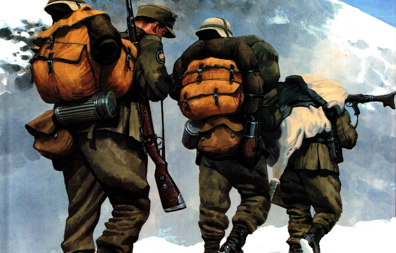 Photo wallpaper snow, mountains, figure, soldiers, rifle, machine gun, ammunition, The second world war