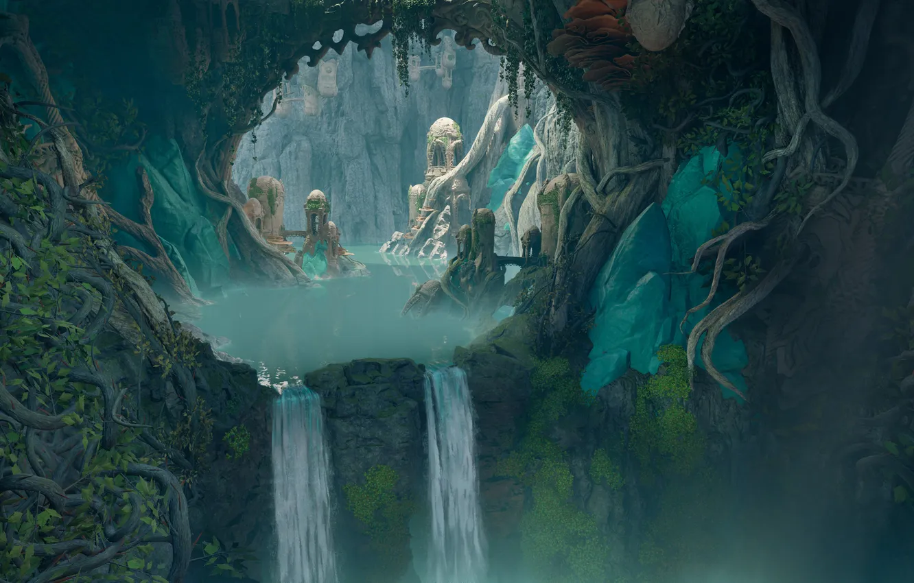 Photo wallpaper the game, waterfall, adventure, the ancient city, Avowed