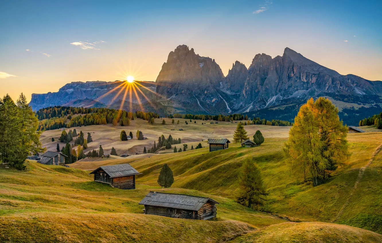 Photo wallpaper The sun, Nature, Mountains, Village, Alps, Italy, Sunrises and sunsets, South Tyrol
