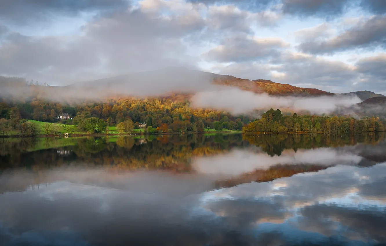 Photo wallpaper autumn, mountains, fog, lake, England, Cumbria