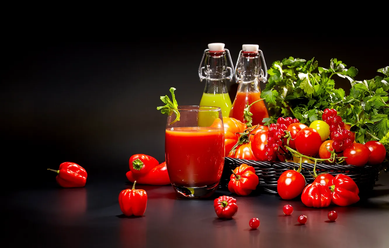 Photo wallpaper greens, red, glass, berries, bottle, juice, pepper, tomatoes