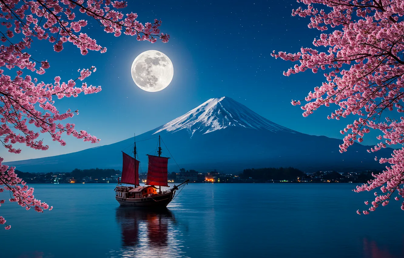 Photo wallpaper water, night, the moon, boat, Sakura, wallpaper, moon, water