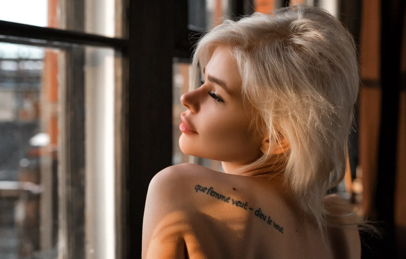 Photo wallpaper face, hair, back, tattoo, blonde, profile, shoulders, Max Pyzhik