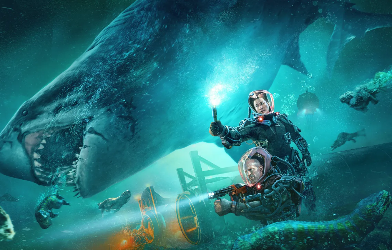 Photo wallpaper fiction, shark, male, horror, USA, two, underwater world, action