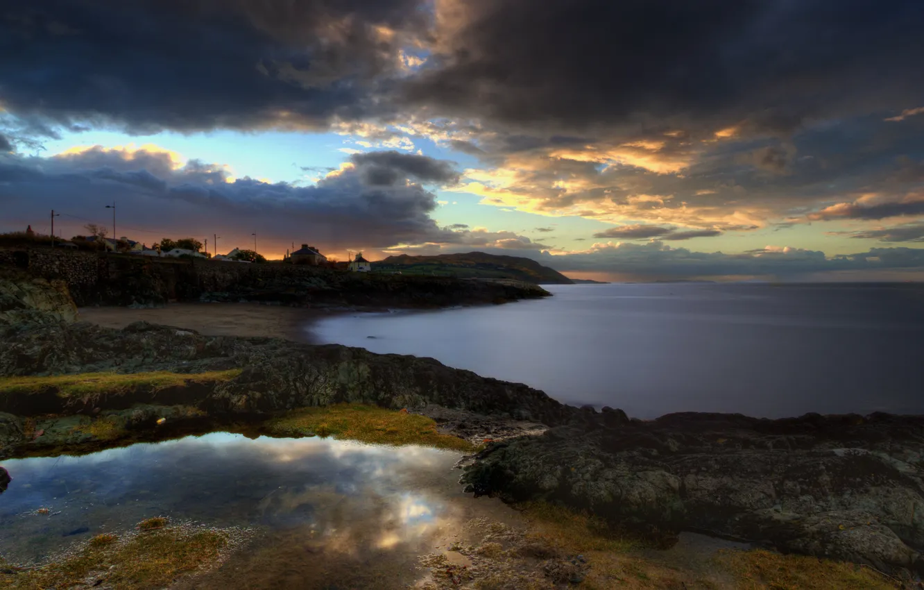 Photo wallpaper sea, sunset, clouds, shore, the evening, the village