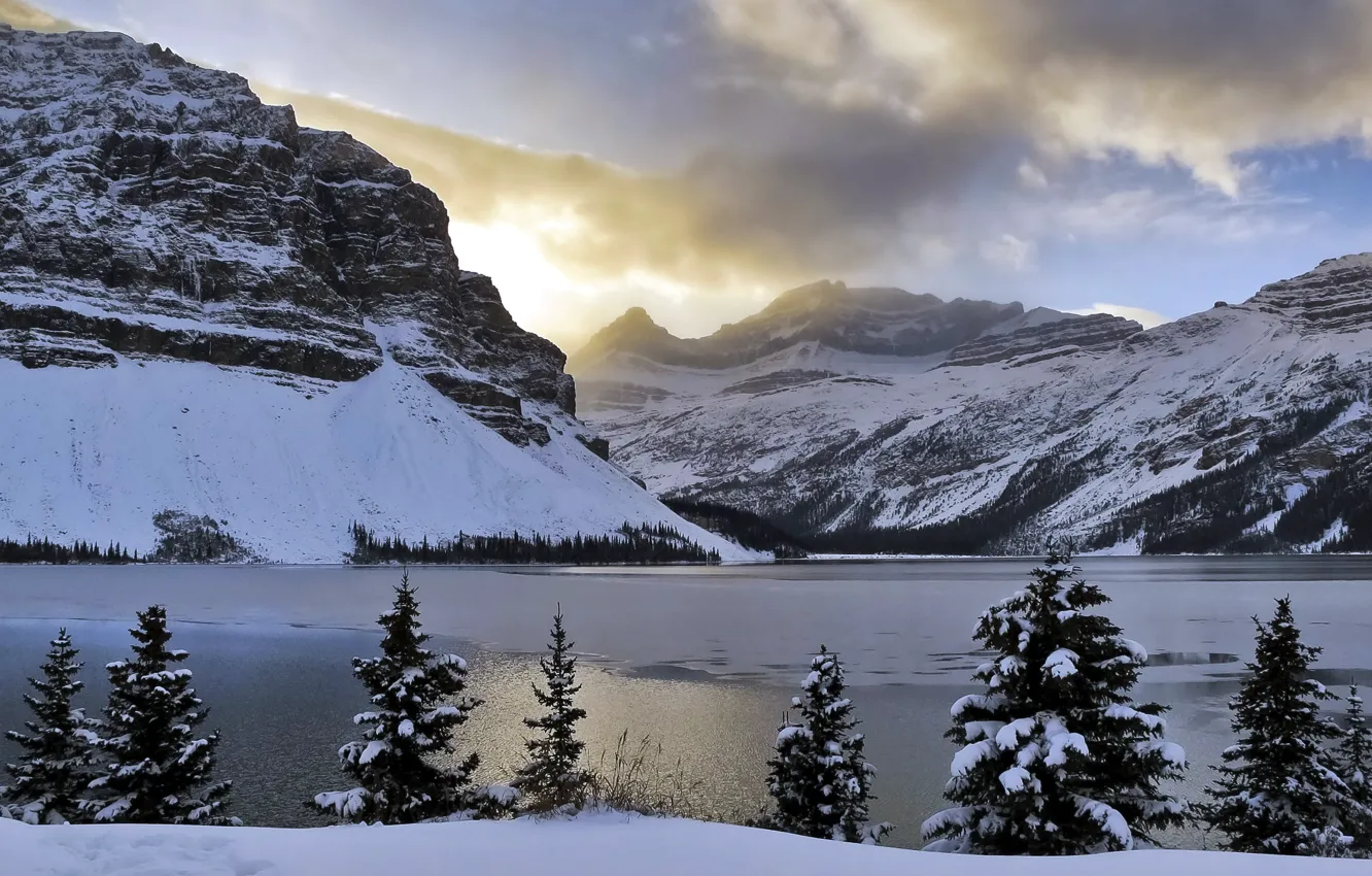 Photo wallpaper light, Alberta, trees, mountains, clouds, snow, Bow Lake