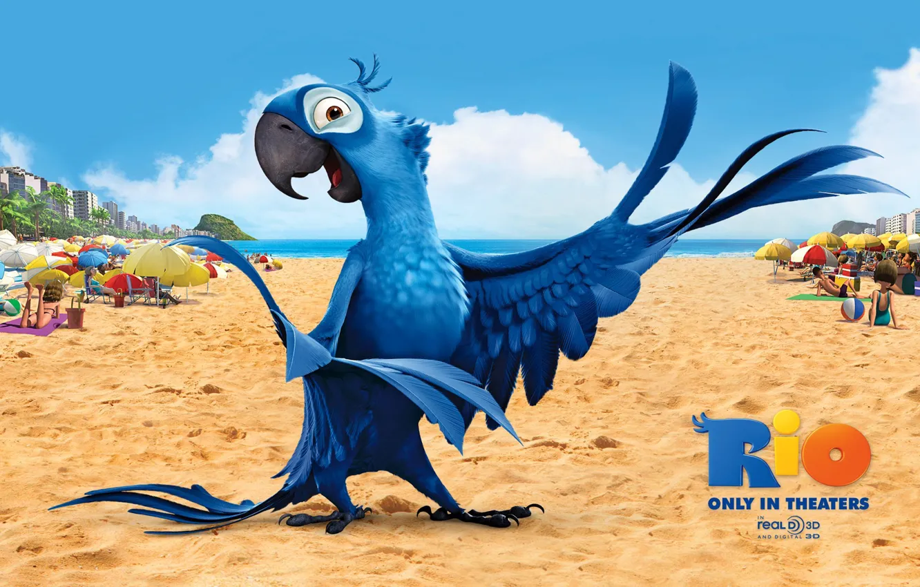 Photo wallpaper sand, beach, bird, cartoon, wings, feathers, beak, parrot