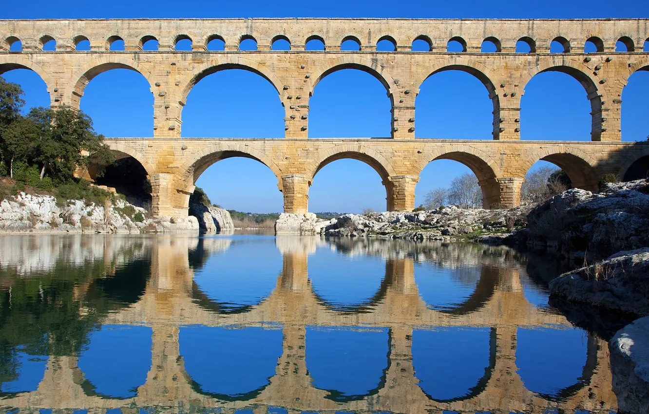 Photo wallpaper the sky, trees, bridge, river, support, arch, aqueduct